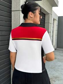 SHEIN EZwear 大碼字母圖案拼接領T恤 - 白色 - 查看 2