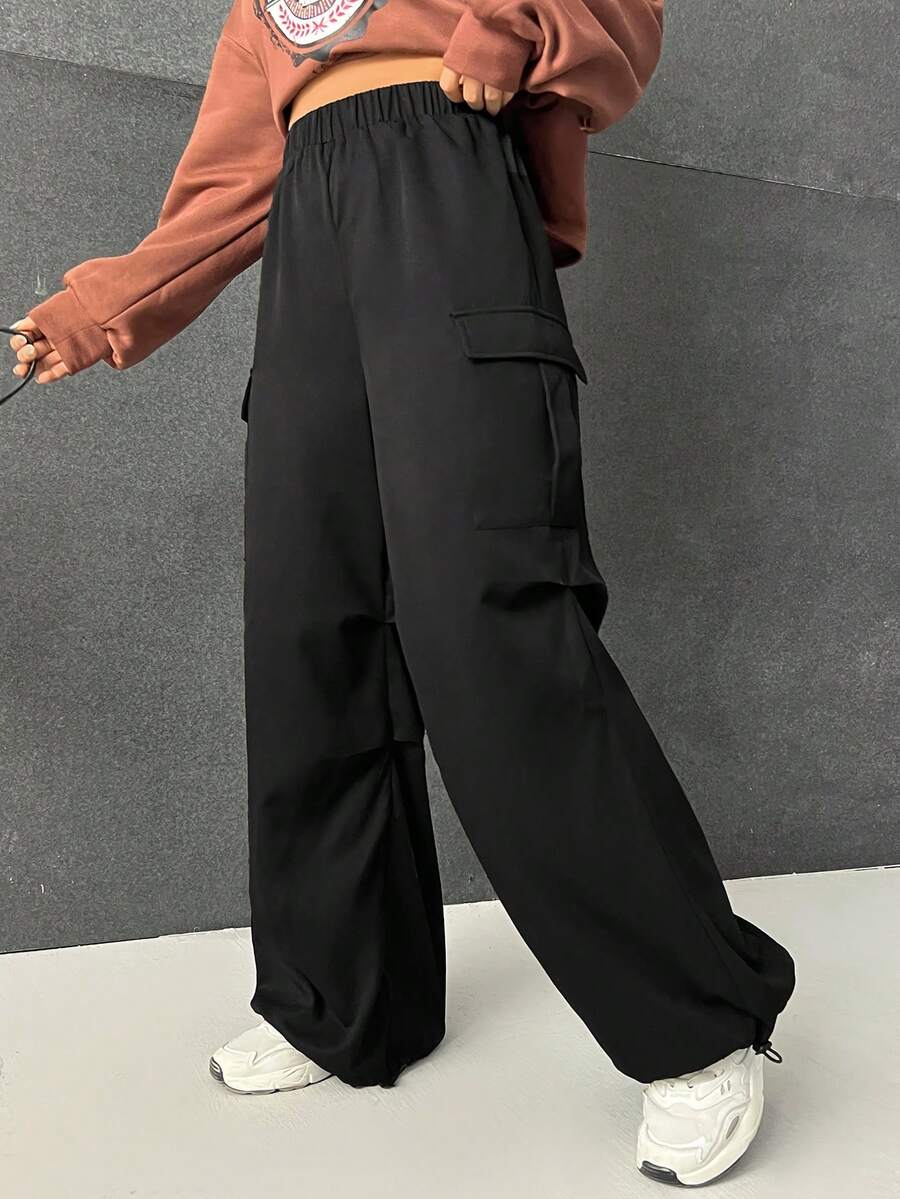 SHEIN EZwear 側翻蓋口袋抽繩下擺降落傘褲 - 黑色 - 查看 1