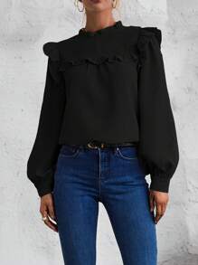 Chiquease 荷葉邊燈籠袖襯衫 - 黑色 - 查看 6