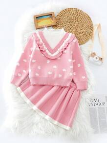 SHEIN Young Girl Heart Pattern Ruffle Trim 2 In 1 Sweater & Knit Skirt - Pink - View 1