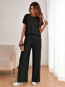 SHEIN LUNE Chất rắn tay cánh Áo thun & Quần ống rộng - màu đen - Xem 1