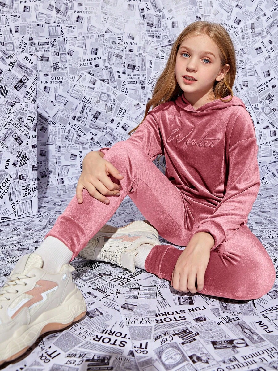 SHEIN Tween Girl Velvet Hooded Sweatshirt With Letter Embroidery And Sweatpants Sports Suit, 2pcs/Set - Baby Pink - View 1