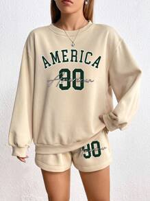 SHEIN EZwear Letter Graphic Drop Shoulder Sweatshirt & Shorts - Khaki - View 3