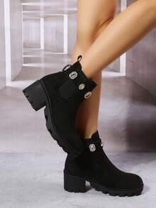 水晶裝飾女性彈力踝靴,時尚厚靴子 - 黑色 - 查看 5