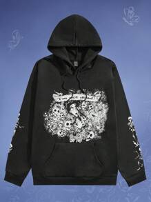 ROMWE MEN Corpse Bride | ROMWE Áo hoodie dây rút đồ họa hình chữ & hình cho chàng trai - màu đen - Xem 1
