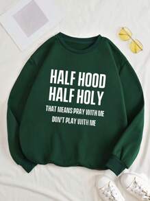 SHEIN EZwear Plus Slogan Graphic Thermal Lined Sweatshirt - Dark Green - View 1