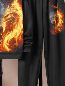 SHEIN Tween Boy 3D Wolf Print Hoodie & Sweatpants - Black - View 3