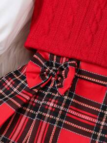 SHEIN 圣诞礼物，女婴泡泡袖衬衫、格纹百褶裙和背心 - 紅色 - 查看 7