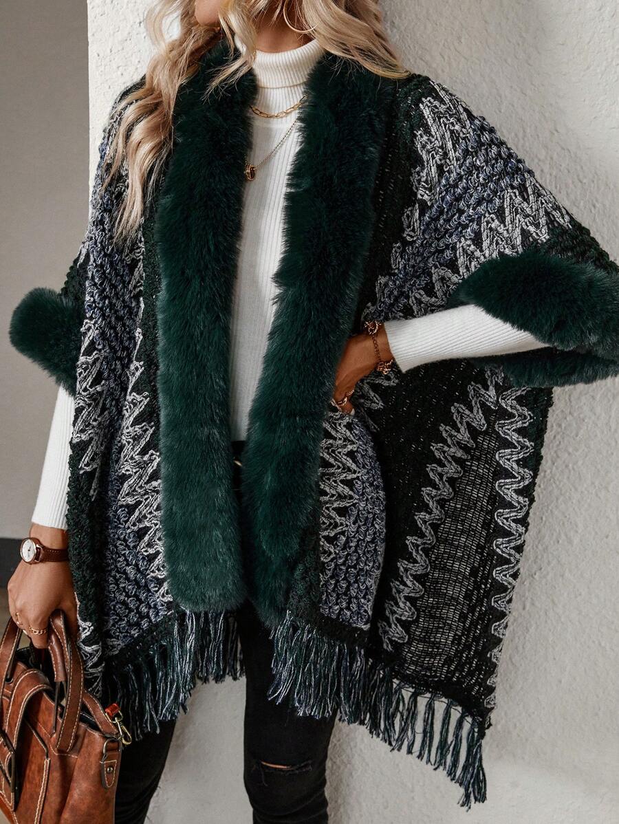 SHEIN Unity Pattern Fuzzy Trim Fringe Hem Batwing Sleeve Duster Cardigan - Multicolor - View 1