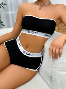 Letter Graphic Contrast Binding Bandeau Lingerie Set, Bra & Panty Set