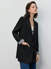 SHEIN Frenchy 格紋袖口單排釦西裝外套 - 黑色 - 查看 4