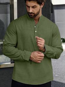 Manfinity Homme Camisa De Manga Larga Para Hombres Con Botones En La Parte Delantera Y Pestañas En Las Mangas - Verde militar - Ver 7