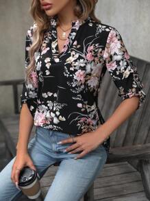 Floral Print Roll Tab Sleeve Curved Hem Blouse - Black - View 5