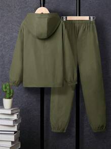 SHEIN 2pcs Boys' Casual Badge Hoodie Jacket And Solid Pants Set, Fleece, Thickened - Green - View 2