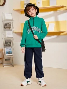 SHEIN Cậu bé Tween Băng tương phản Eo dây rút Quần thể thao - Màu xanh hải quân - Xem 3