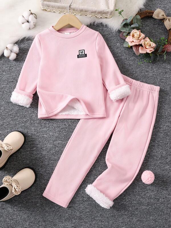 SHEIN Young Girl Letter Embroidery Thermal Lined Tee & Pants