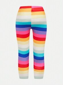 SHEIN Young Girl Rainbow Striped Print Leggings - Hot Pink - View 2