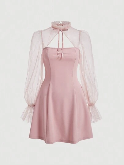 SHEIN MOD Contrast Mesh Flare Sleeve Frill Trim Tie Front Pink Stand-Up Collar With Straps And See-Through Puff SleevesDress,Valentine Outfits