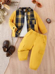 男嬰格紋印花襯衫和褲子&T恤 - 黃色 - 查看 1