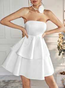 SHEIN Privé 二層下擺抹胸洋裝帶花頸鏈 - 白色 - 查看 1