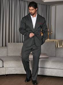 Extended Sizes 男士大码條紋印花單釦西裝外套&西裝褲 - 黑色 - 查看 3