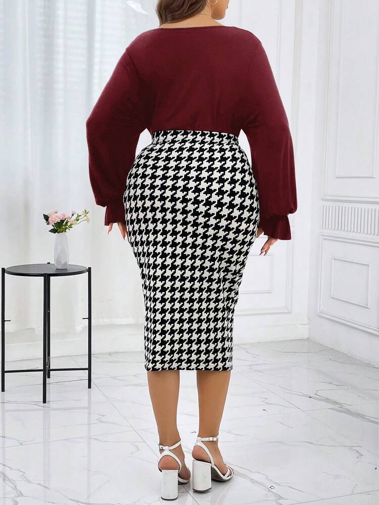 Plus Draped Collar Flare Sleeve Top & Houndstooth Print Skirt
