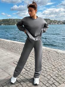 RueChic Solid Drop Shoulder Tee & Sweatpants - Dark Grey - View 3