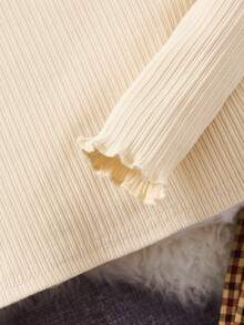 SHEIN 女大童小高領泡泡袖T恤和格紋印花長褲和帽 - 卡其色 - 查看 4