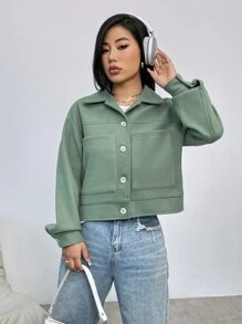 SHEIN Unity 雙口袋落肩袖花呢外套 - 綠色 - 查看 6