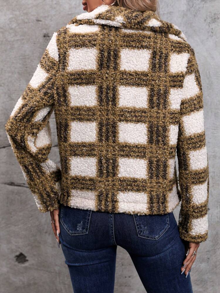 Plaid Pattern Open Front Teddy Jacket Fall Cloth For Women