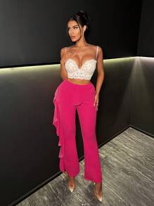 SHEIN SXY Solid Ruffle Trim Flare Leg Pants - Hot Pink - View 1