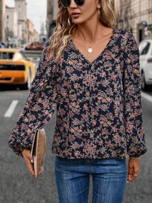 SHEIN LUNE Floral Print Lantern Sleeve Blouse - Multicolor - View 4