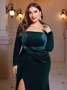 SHEIN Belle Plus Square Neck Twist Front Split Thigh Velvet Bridesmaid Dress - Dark Green - View 5