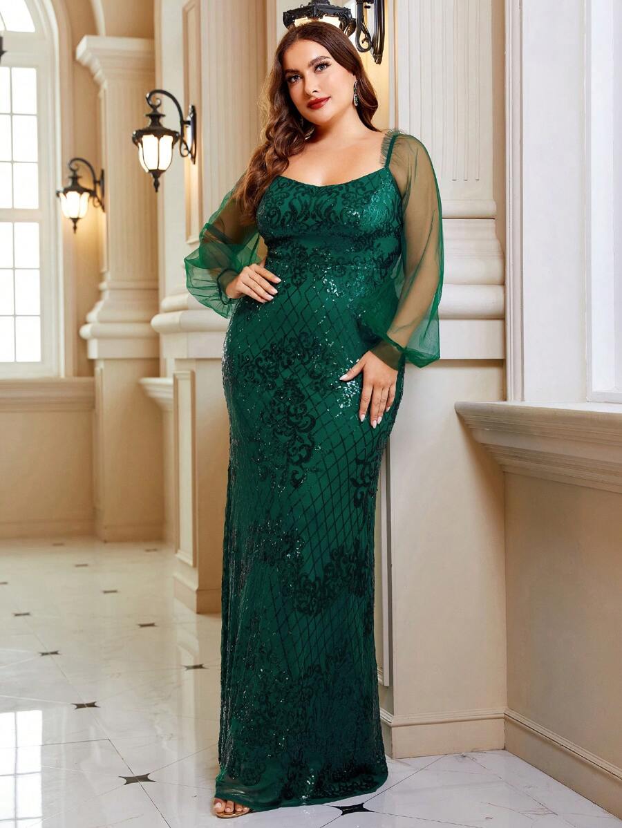 SHEIN Belle Plus Contrast Mesh Lantern Sleeve Sequin Formal Dress - Dark Green - View 1
