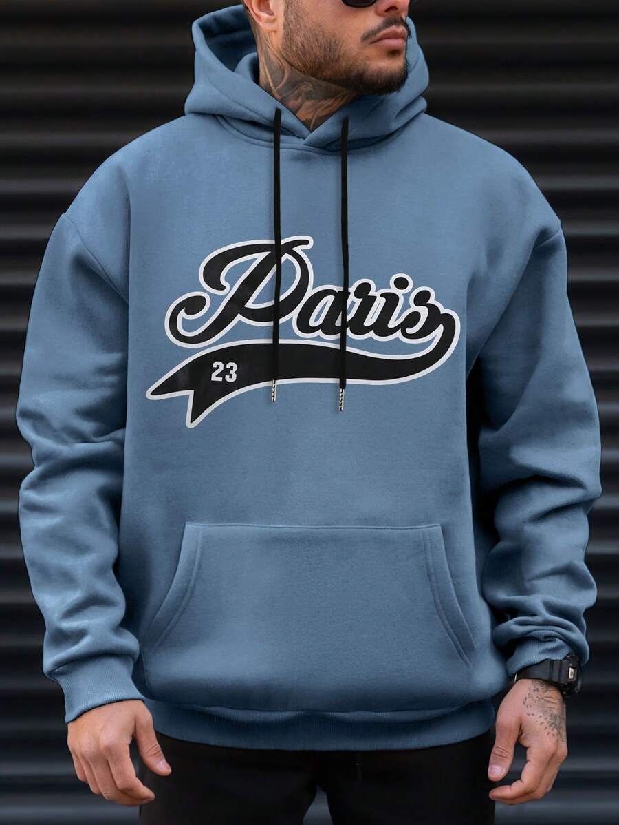 Aesthetic Post--Men Letter Graphic Kangaroo Pocket Drawstring Oversize Hoodie - Blue - View 1