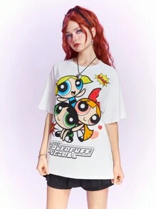 The Powerpuff Girls | ROMWE Camiseta de hombro caído con gráfico de dibujos animados, escolar - Blanco - Ver 4