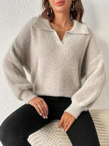 SHEIN Frenchy 素色落肩袖套頭毛衣 - 杏色 - 查看 1