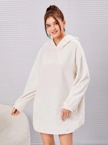 青少年女孩落肩袖3D耳朵設計連帽法蘭絨睡袍 - 白色 - 查看 4