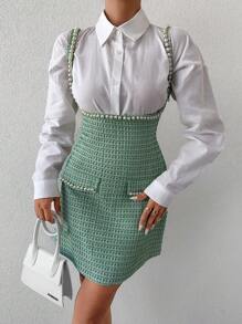 EURMUSE Robe chemise élégante à col chemisier avec décoration de faux perles et patchwork à carreaux, manches longues pour femmes - Multicolore - Voir 5