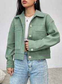 SHEIN Unity 雙口袋落肩袖花呢外套 - 綠色 - 查看 3