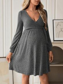 SHEIN Maternity Solid Ribbed Knit Knot Side Wrap Detail Nursing Detail Dress - Grey - View 4