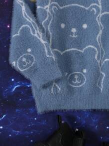 SHEIN Young Girl Bear Pattern Fluffy Sweater - Blue - View 3