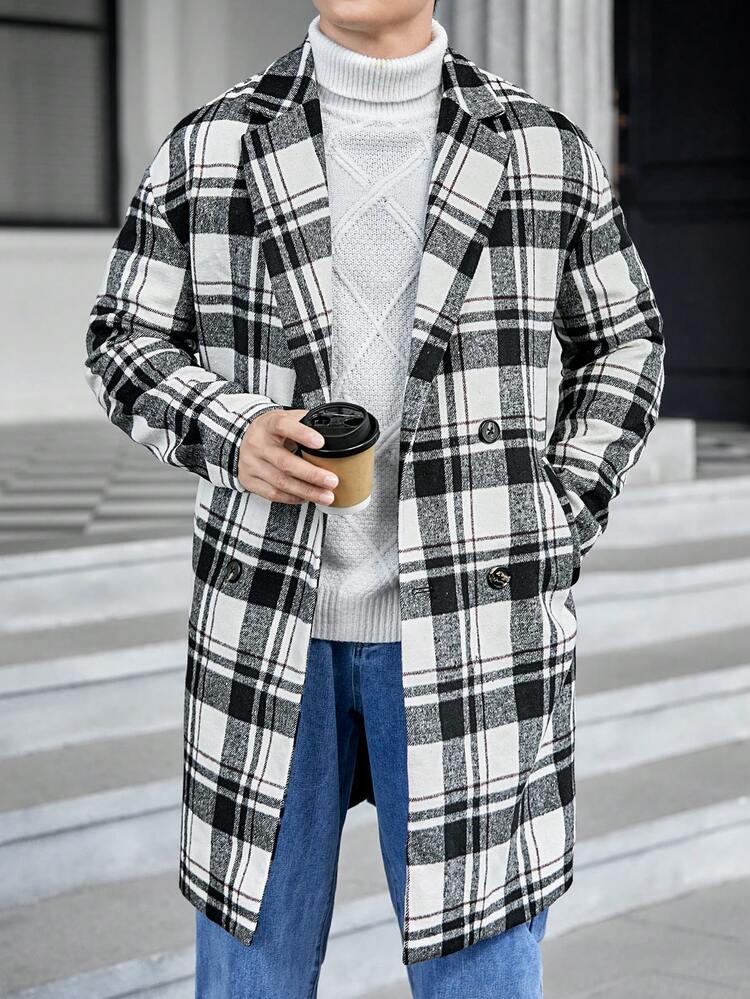 Loose Fit Men's Double Breasted Plaid Lapel Collar Drop Shoulder Overcoat, For Fall Winter
