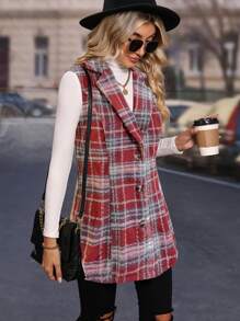 SHEIN LUNE 格紋印花翻領馬甲外套（無腰帶） - 紅色 - 查看 4