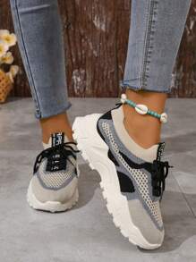 Women Fashion Print Sneakers Comfortable Versatile Breathable Beige Thick Sole Hiking Shoes, Casual Platform Vulcanized Shoes, Thick Sole Low-Top Chunky Sneakers, Fashion Print Student Shoes, Loafers, Breathable Running Shoes, Hiking Shoes, Lightweight Non-Slip Lace-Up Casual White Shoes - Beige - View 5