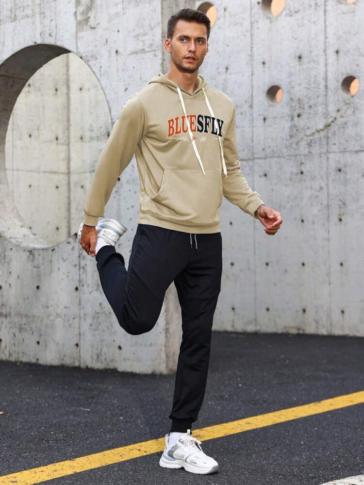 Men Letter Graphic Kangaroo Pocket Drawstring Sports Sweatshirt Men Sweatshirt