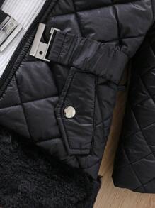 SHEIN 女小童1入組連帽衍縫腰帶外套 - 黑色 - 查看 8