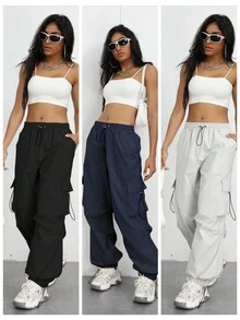 休閒抽繩 口袋純色女士長褲 - 藏蓝色 - 查看 4