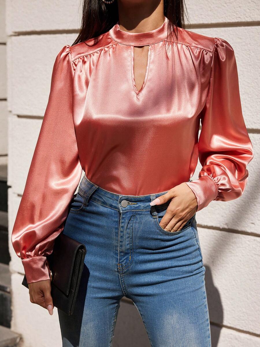 RueChic Keyhole Neckline Lantern Sleeve Satin Blouse - Coral Pink - View 1