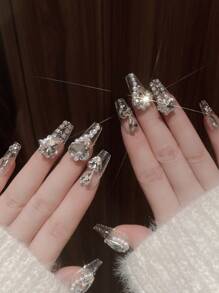 ROMWE Kawaii 24 piezas largo ataúd 3d con diseño de diamante de imitación Uña postiza & 1 pieza lima de uñas & 1 hoja cinta - Plateado - Ver 4